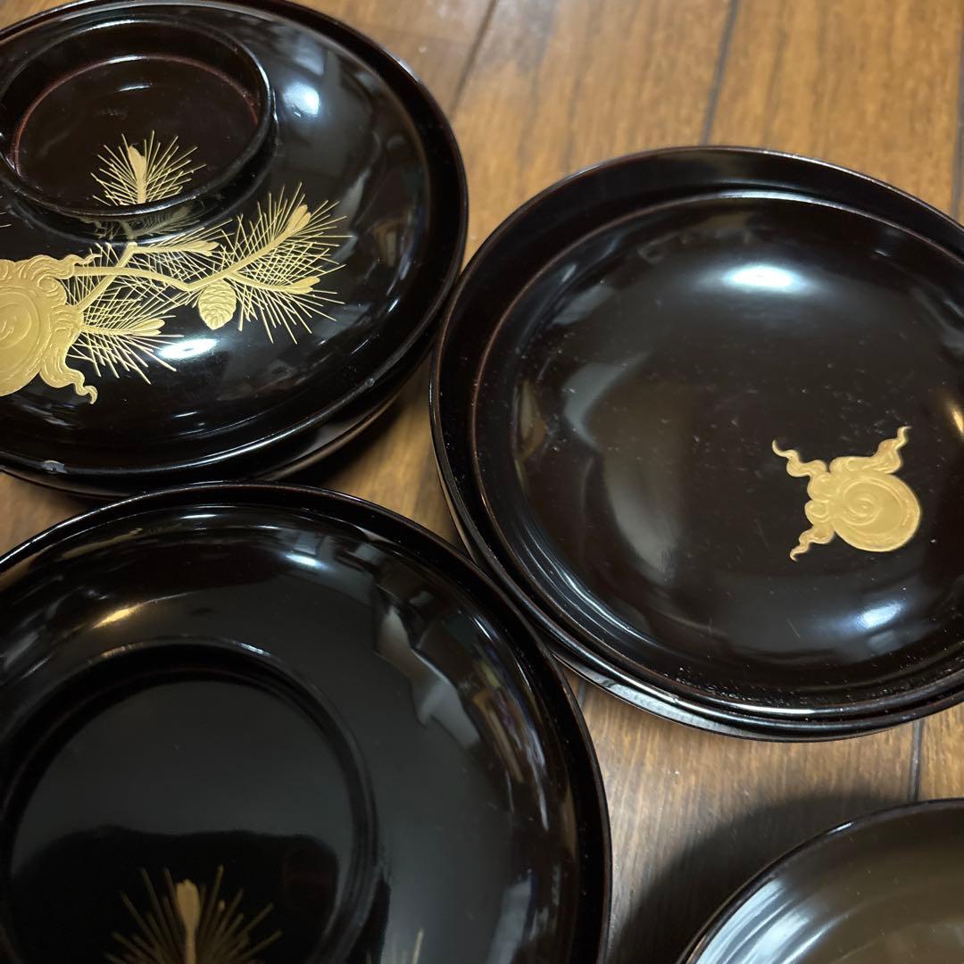 特別出品　アンティーク　蒔絵が素敵な漆器椀五客セット　松と宝珠　お殿様　煮物椀