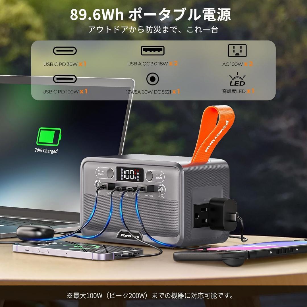 ポータブル電源 89.6Wh 小型 キャンプ 防災 パススルー機能 7ポート