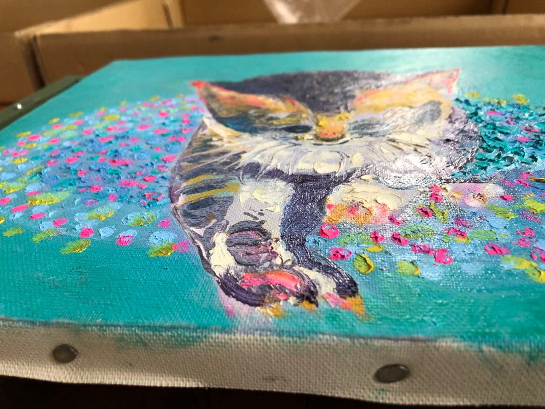 関口すすむ　油絵　猫　ねこ、おや何かいるぞ　F4号