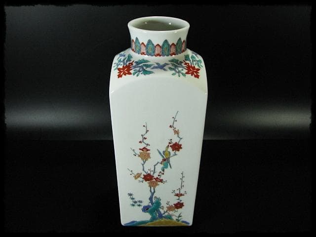 古琳庵 館林 宏久 柿右衛門 錦麦四季紋図 四方 壺 高約32cm 花入 花器