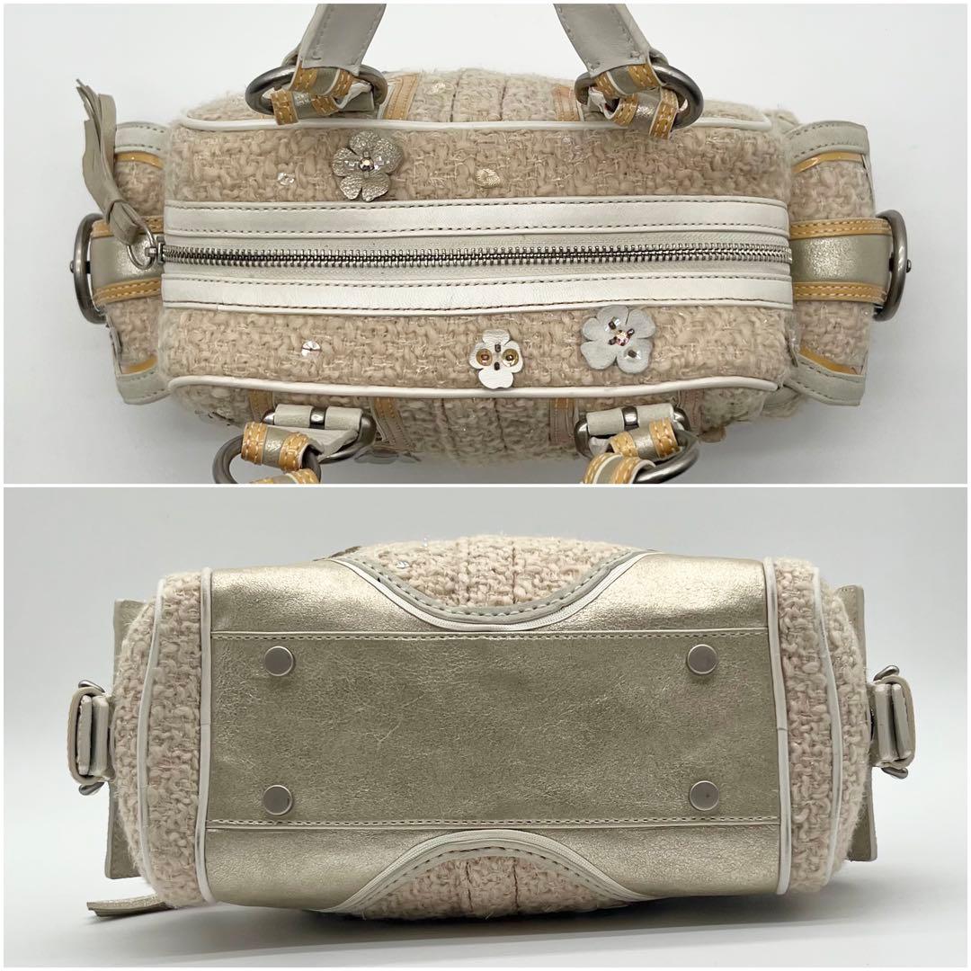 希少 COACH ツイード ハンドバッグ ミニ ボストン 花モチーフ フリンジ