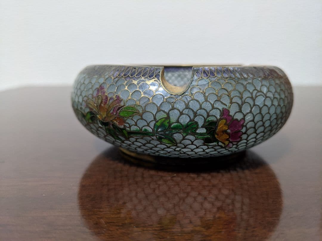 ♦中国美術工芸 薄胎磁 七宝焼 花木図 灰皿 アンティーク 骨董品 コレクション
