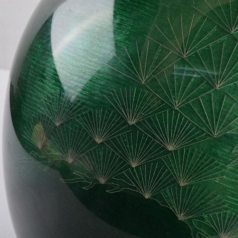 七宝焼　相互七宝謹製　緑透釉　松文　花瓶　唐木台付　共箱　M　R9393H