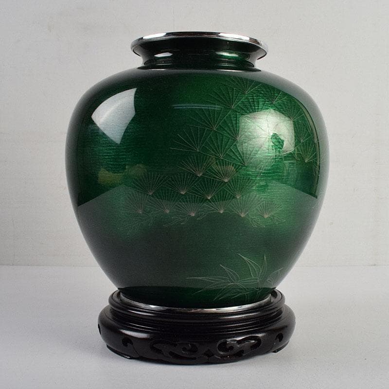 七宝焼　相互七宝謹製　緑透釉　松文　花瓶　唐木台付　共箱　M　R9393H