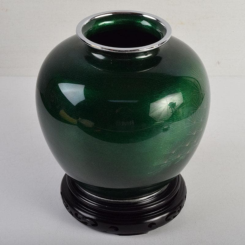 七宝焼　相互七宝謹製　緑透釉　松文　花瓶　唐木台付　共箱　M　R9393H