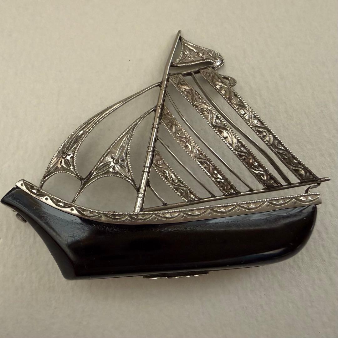 アンティーク帯留　帆船　綺麗な彫り　大正ロマン