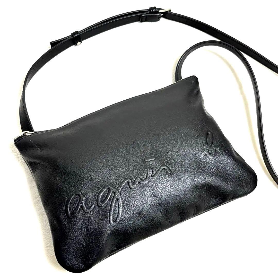 ◆アニエスベー◆ショルダーバッグ エンボスロゴ レザー 黒 サコッシュ