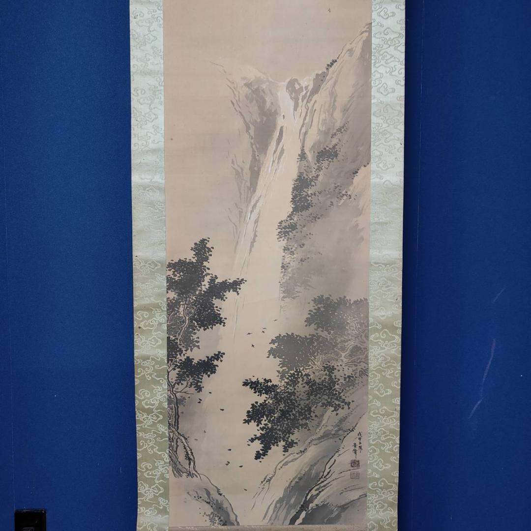 不詳/作者不詳/瀧図/滝図/山水小禽図/布袋屋掛軸A-393