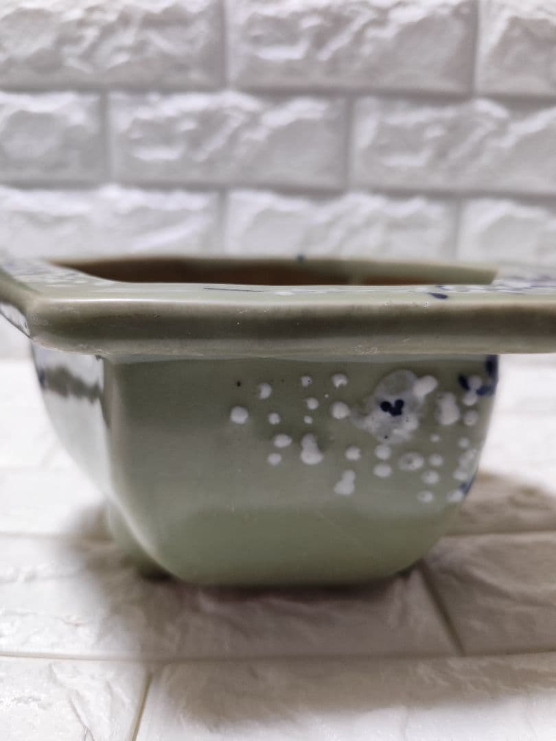 盆栽鉢 梅文 青磁染付 植木鉢 六角 　三本足