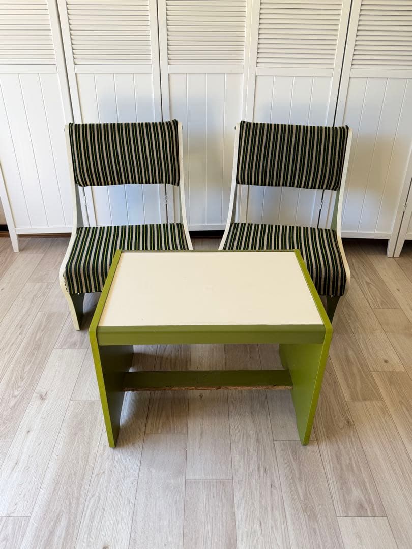①ソファ椅子 昭和レトロポップ ソファ テーブル セット グリーンストライプ