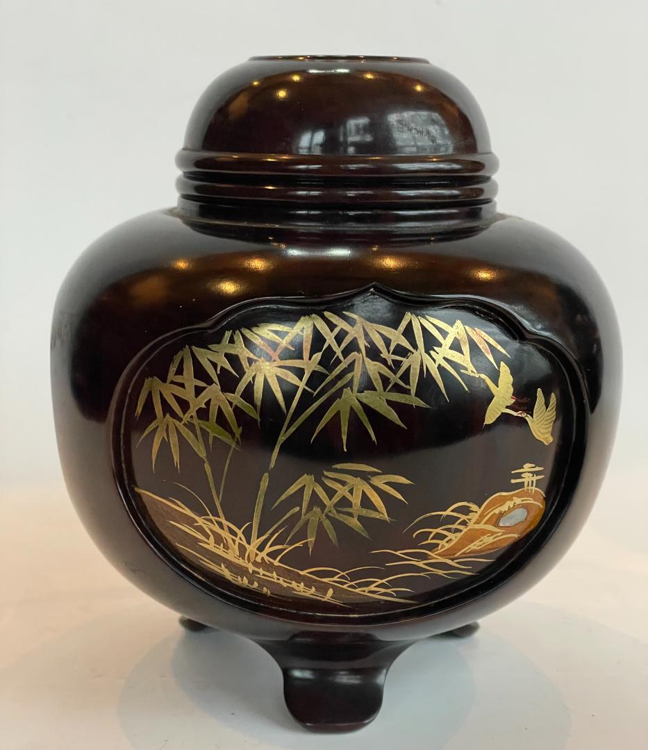 輪島塗 香炉 紫檀 蒔絵 越山 三つ足 山水 阿古陀 漆 金箔 螺鈿細工 骨董