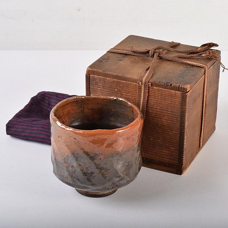 茶道具　京焼　秀楽造　赤楽筒茶碗　共箱　V　R8030