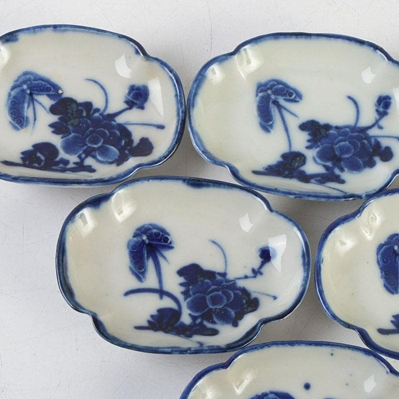 和食器　茶懐石　染付　花蝶文　手塩皿　六客　在銘　時代箱　V　9355