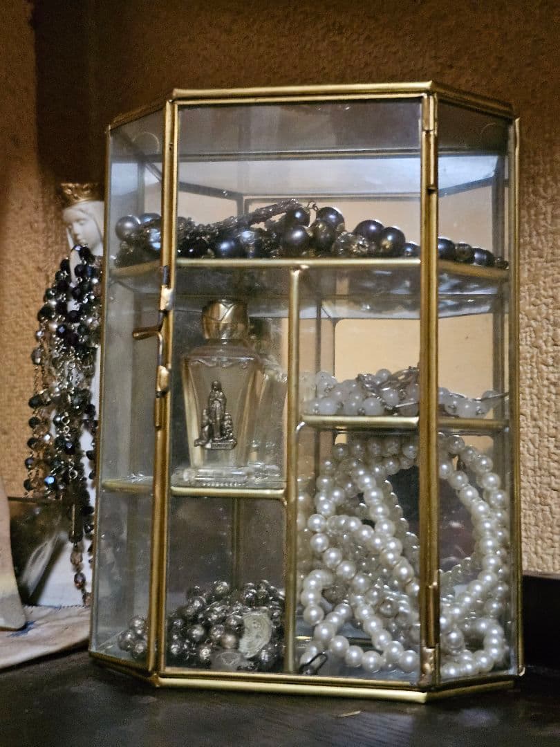 フランス ヴィンテージ 真鍮 ガラス製 鏡 宝石箱 ジュエリーボックス 違い棚