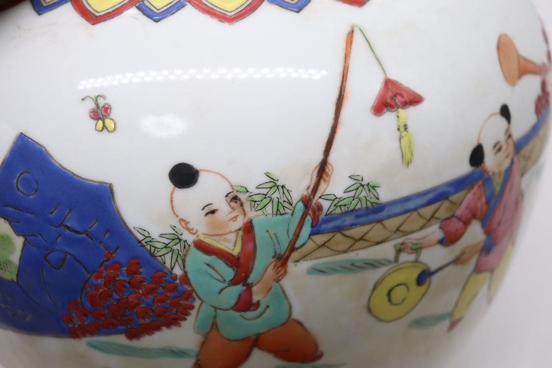 中国　粉彩　唐子　大壺　送料込み250423