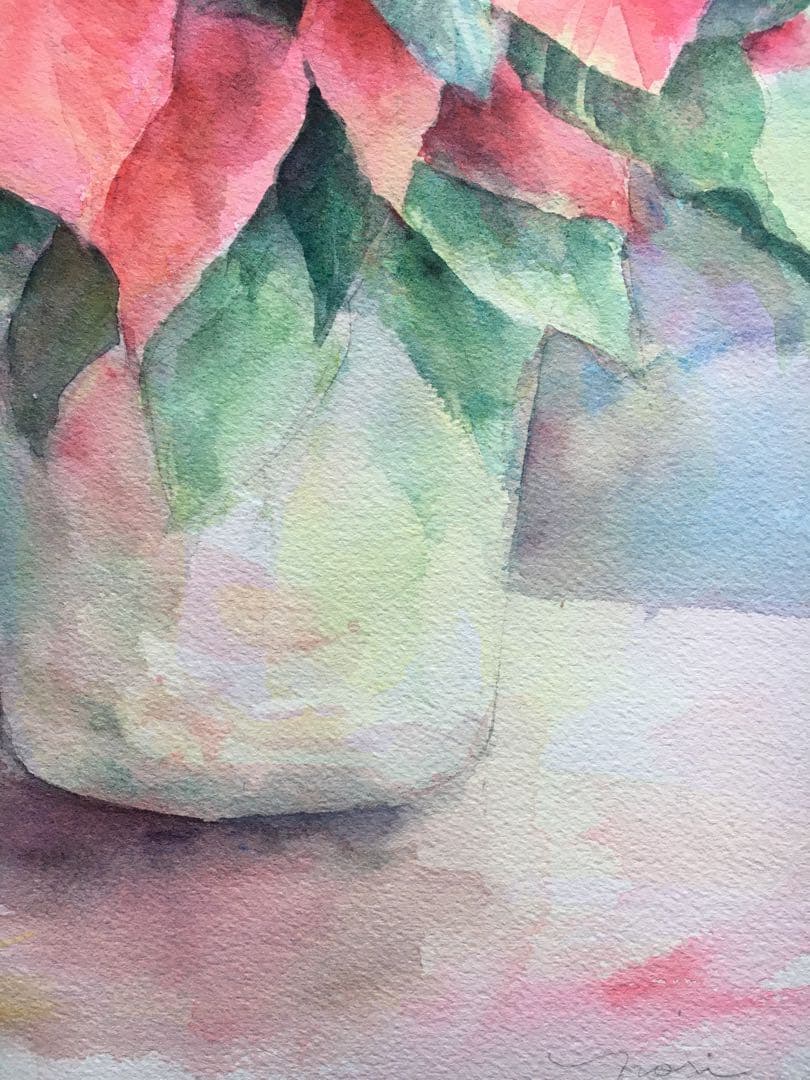 透明水彩画原画　クリスマス　聖夜　ポインセチア