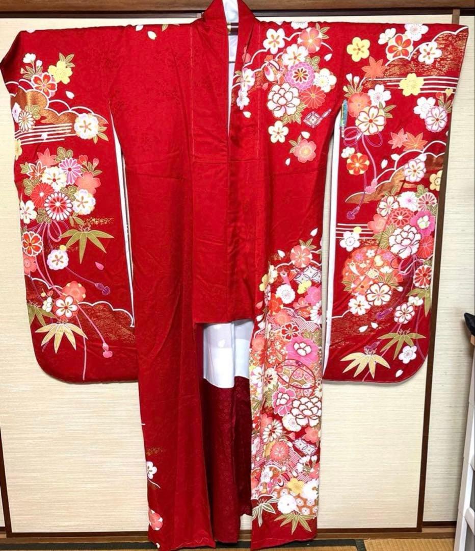 ミッキーマウス 赤 花々 橙 振袖 身丈156