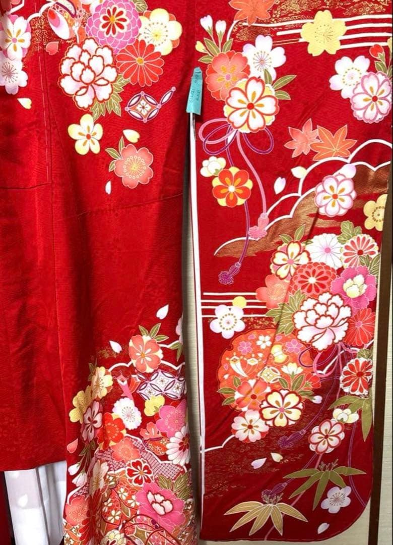 ミッキーマウス 赤 花々 橙 振袖 身丈156