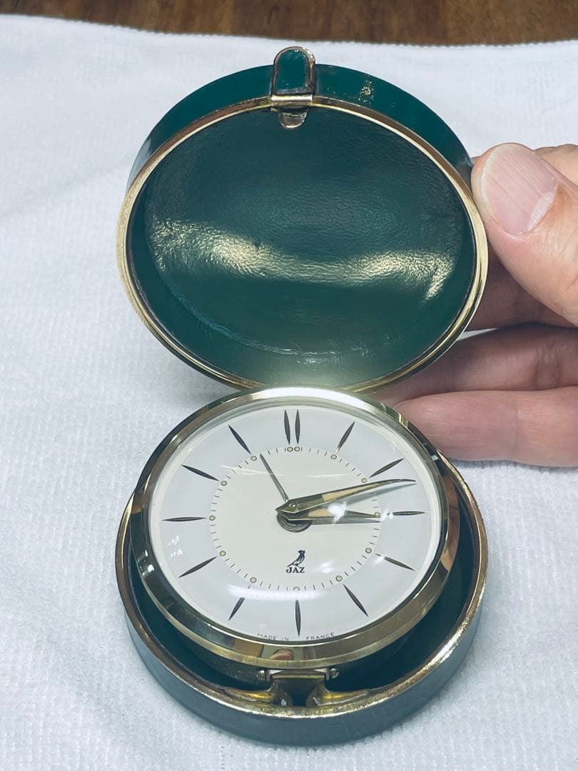 フランス'50 JAZ 本革製 真鍮 目覚時計 220gズッシリ 正確稼働整備品