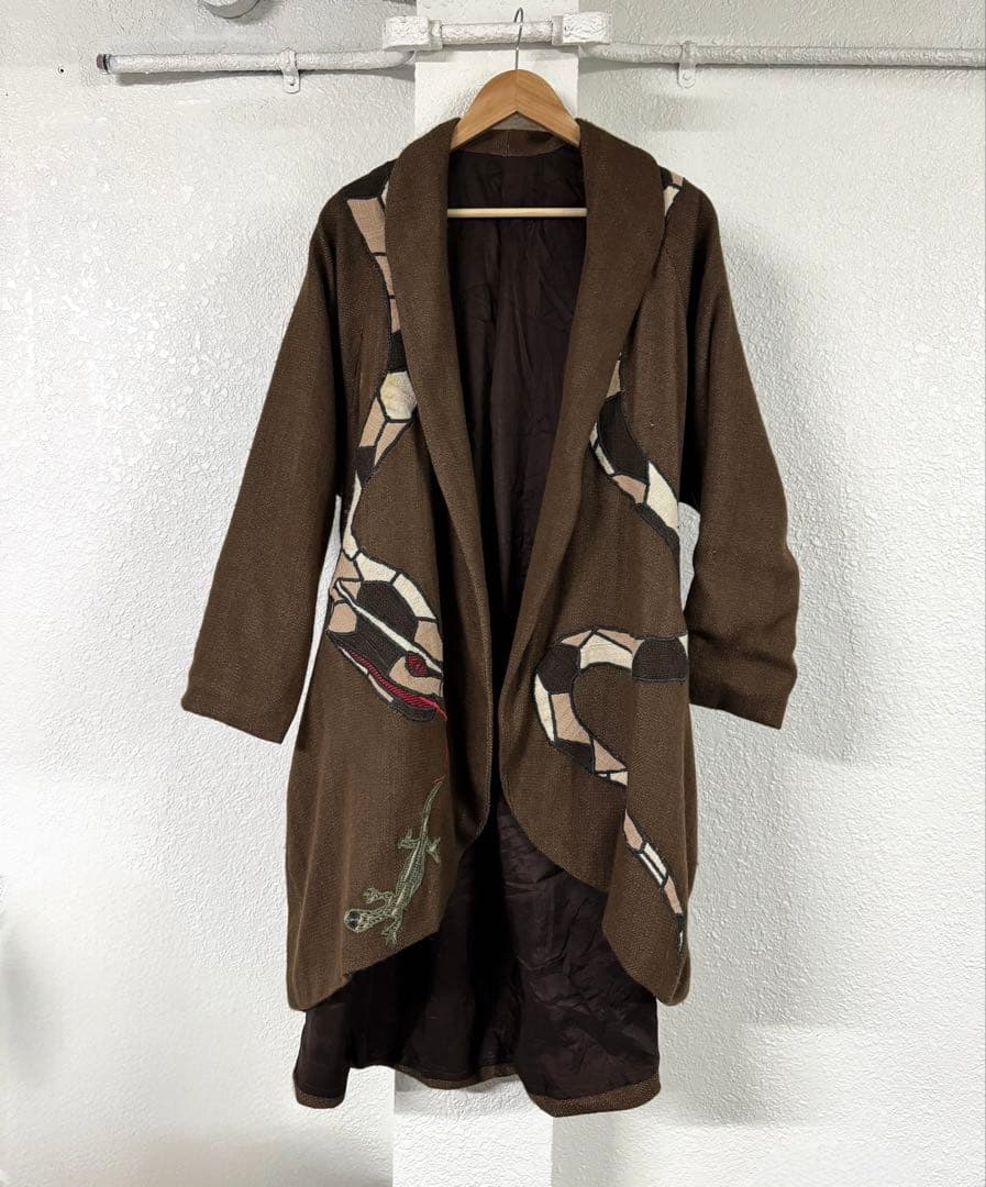 60s 70s アメリカ古着 ガウンコート ロングジャケット 刺繍 トカゲ 蛇