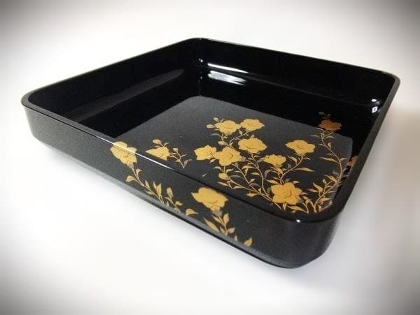 真黒蝋色塗 饅頭盆 桔梗蒔絵 金蒔絵 塗師「表哲」本漆器 時代物 骨董 美品