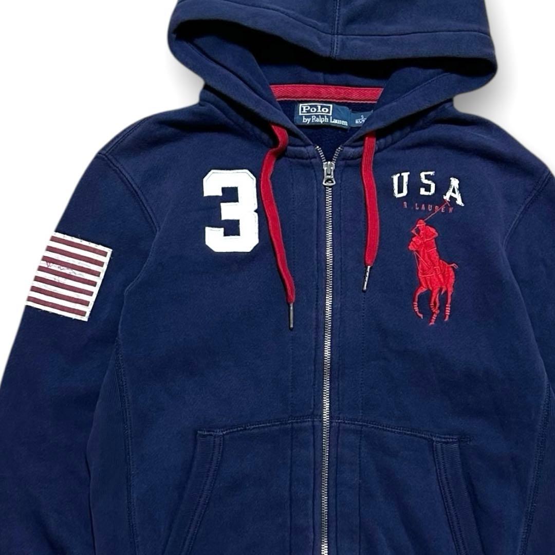 専用！90s ラルフローレン 国旗 刺繍 ビックポニー 短丈 ジップ パーカー