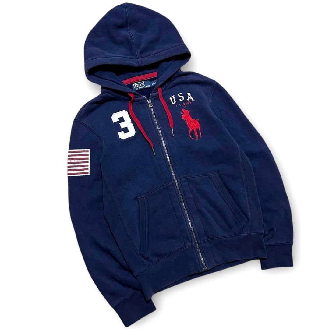 専用！90s ラルフローレン 国旗 刺繍 ビックポニー 短丈 ジップ パーカー