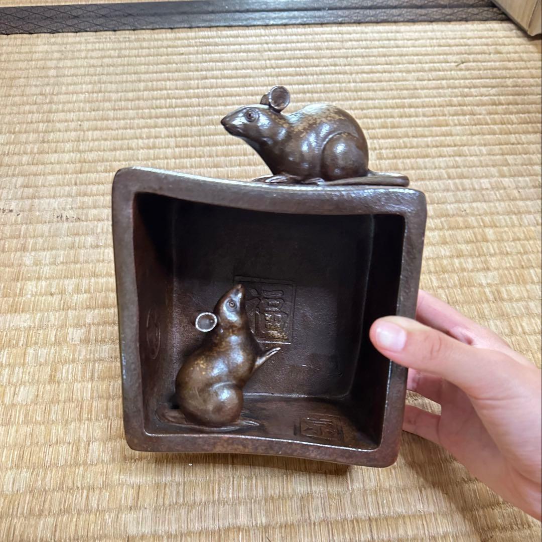 小西陶古 備前焼 子置物 共箱 細工物 ネズミ 鼠 珍品 工芸品 縁起物 枡