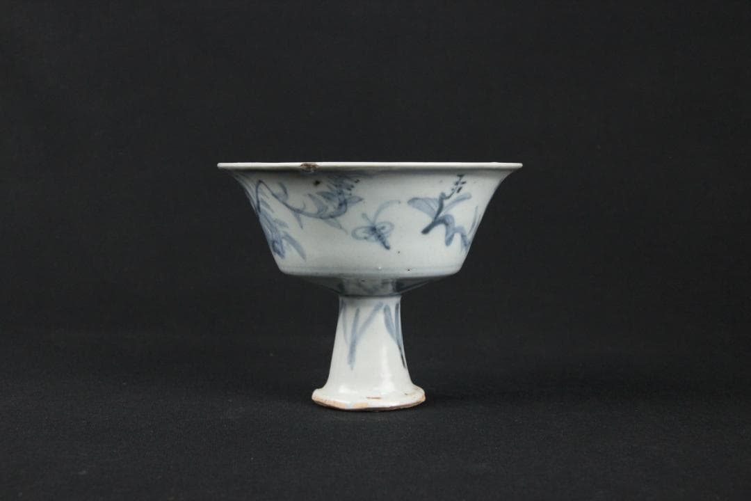 中国美術　清代　青花福字紋高足碗　供器　仏教祭器　花卉蝶文 陶磁 ESM12-7