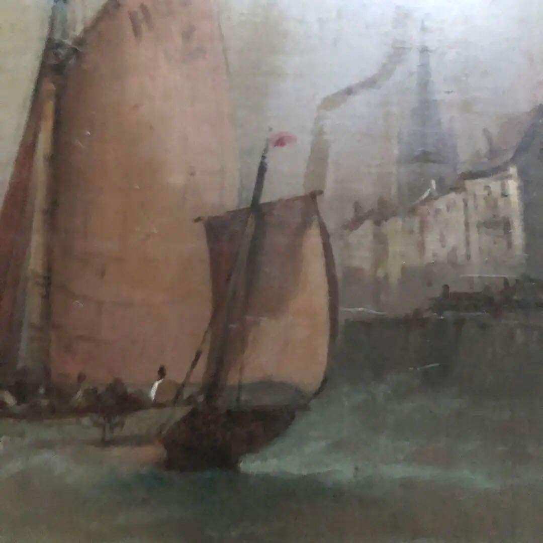 【美術品】18-19世紀フランス洋画「出帆」56×47cm サイン