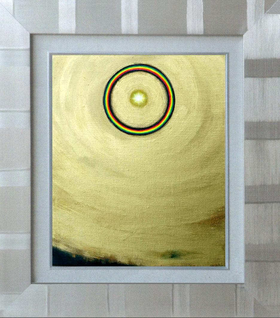 油絵 菅家令子絵 絵画インテリア額付(青緑＋金色の枠)F3-G112023風景祈