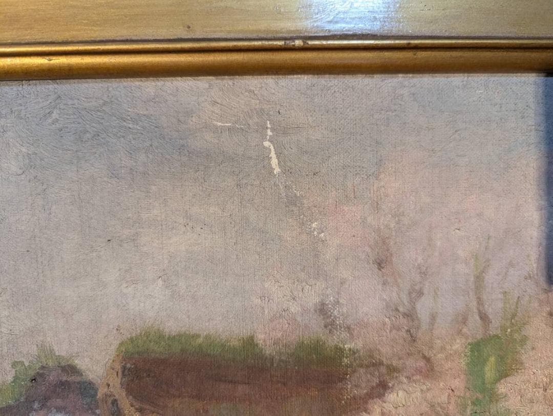 【真作】絵画　油彩12号　風景画　春の里山　桜咲く古民家の風景　U84