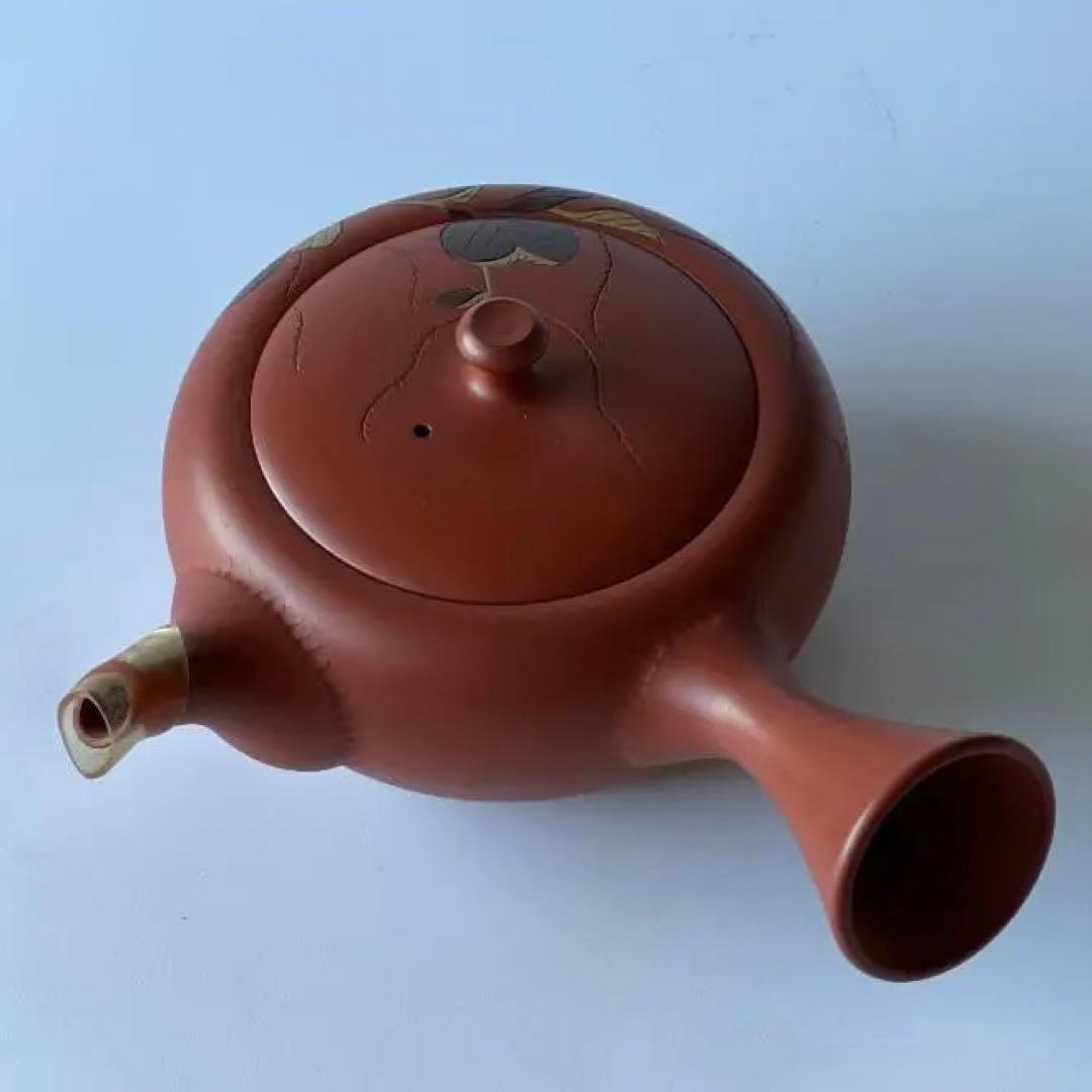 常滑焼 伊藤 昭陽作 幸山刀 朱泥彩色　水引草 彫り 急須 茶器 煎茶道具