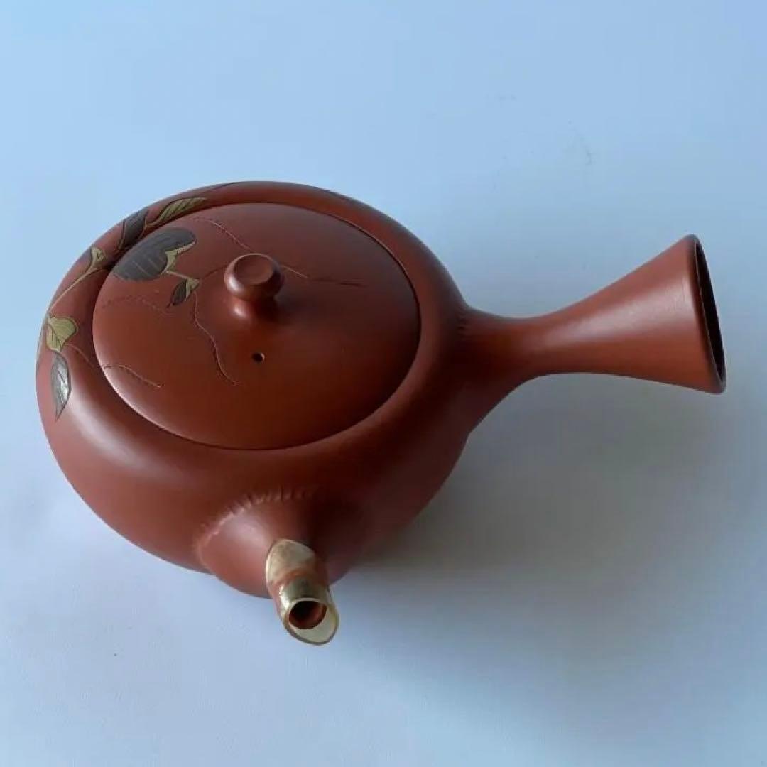 常滑焼 伊藤 昭陽作 幸山刀 朱泥彩色　水引草 彫り 急須 茶器 煎茶道具