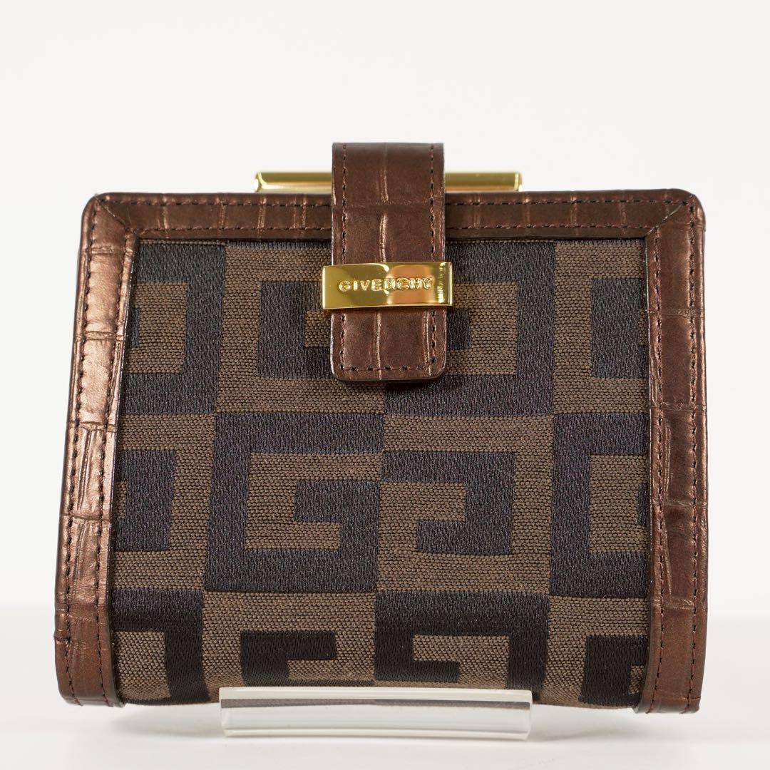 【極美品✨】ジバンシー　付属品　三つ折り財布　ロゴ総柄　がま口　レザー　ブラウン