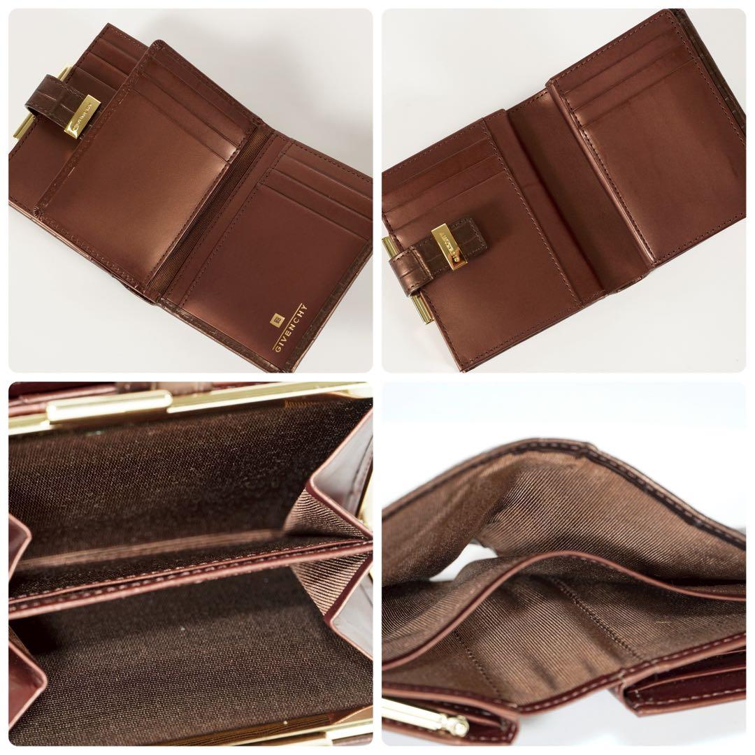 【極美品✨】ジバンシー　付属品　三つ折り財布　ロゴ総柄　がま口　レザー　ブラウン
