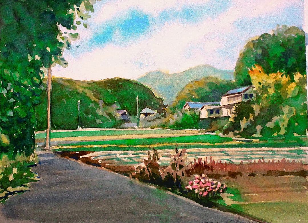 長閑な田園風景 水彩画 フレーム付き