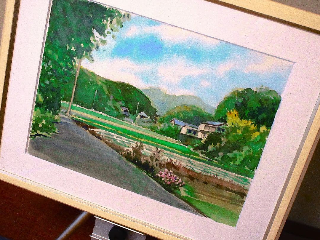 長閑な田園風景 水彩画 フレーム付き