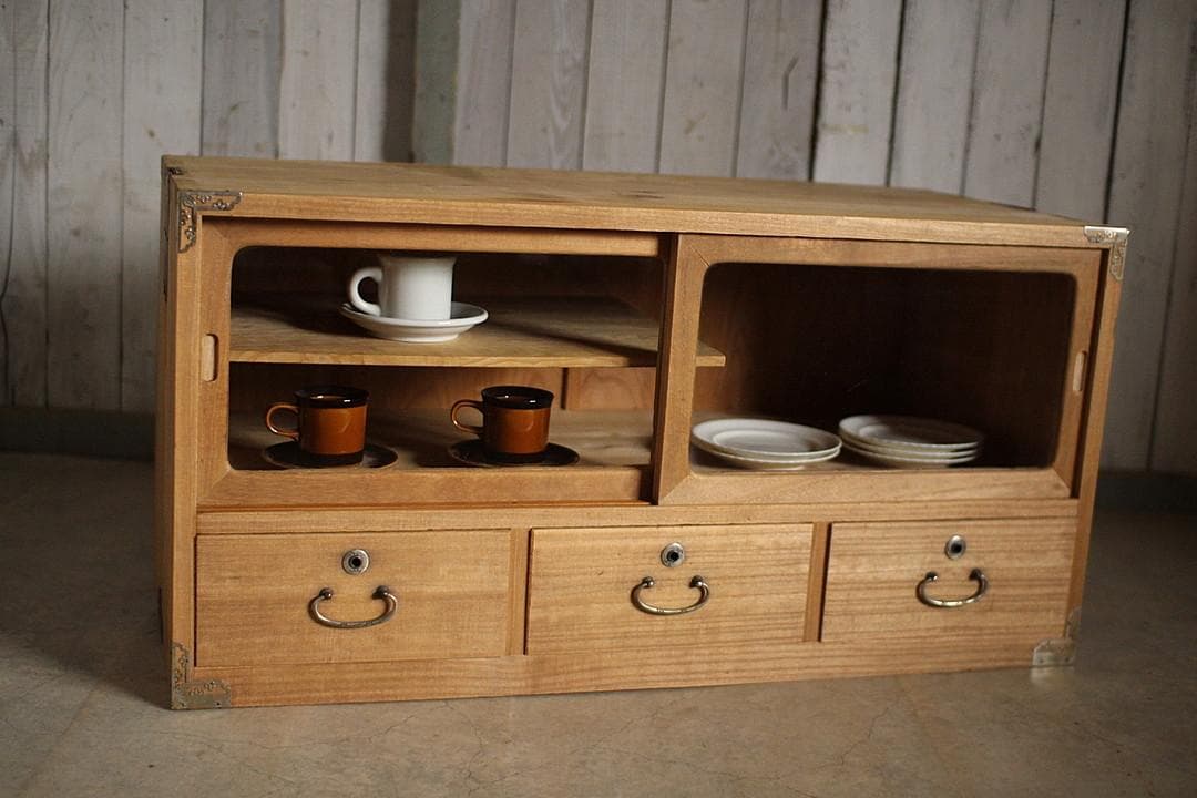 古いガラス戸棚×木製小引き出し3杯　ローチェスト　食器棚　古家具