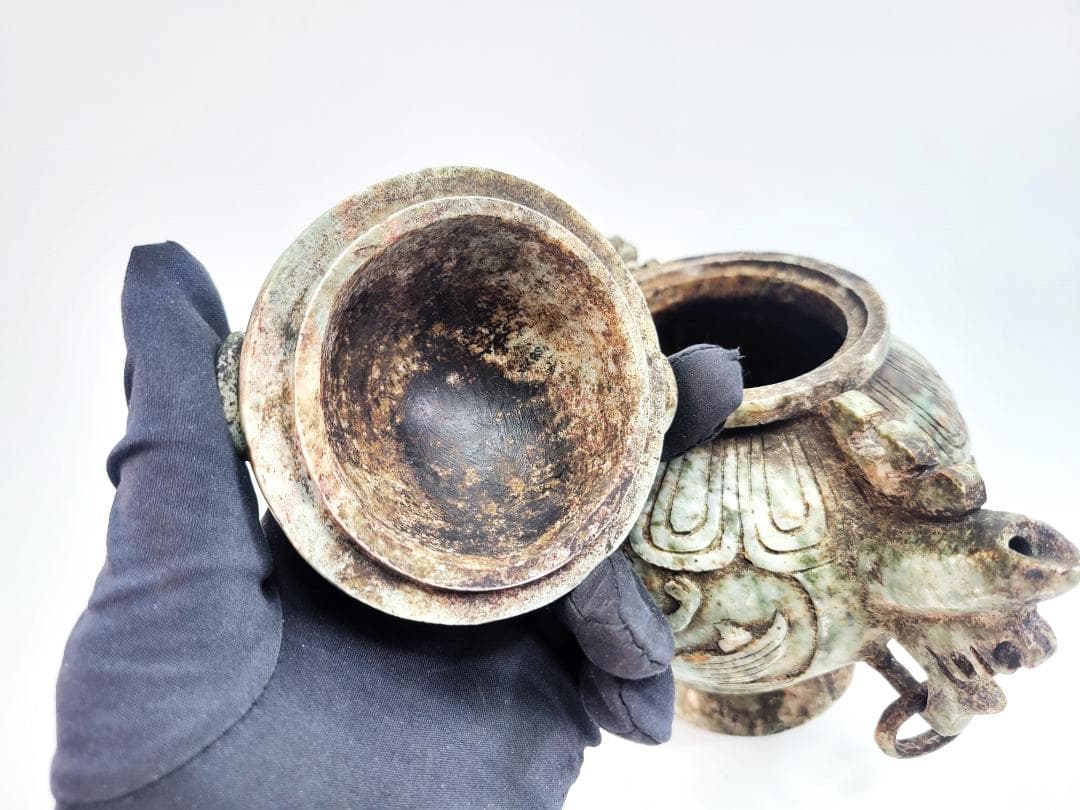玉石製　玉彫 獣尊酒器 時代物 極細工 手彫り 置物 賞物 中国古美術 蔵出