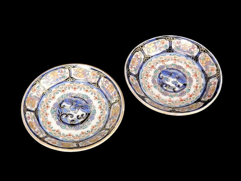 古伊万里　染錦　団龍紋に花の図　３寸皿　豆皿　手塩皿　２枚　E207AS-CPx