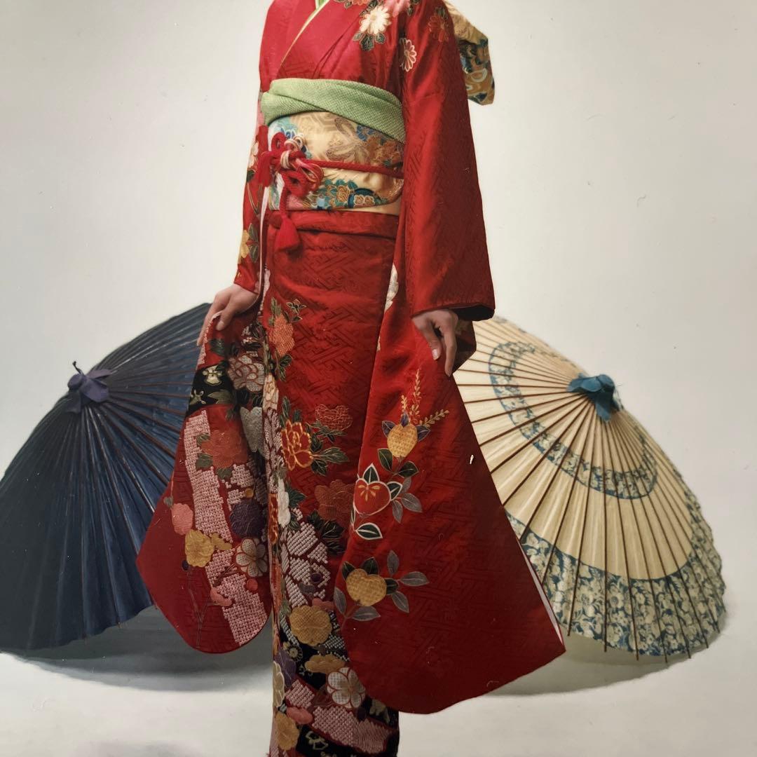 赤色花柄振袖 着物 成人式　帯