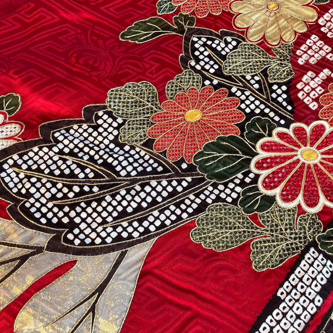 赤色花柄振袖 着物 成人式　帯