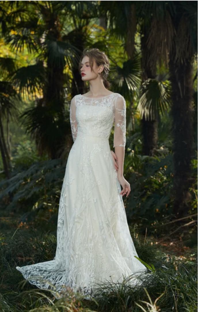 刺繍レース 七分袖 Aラインドレス