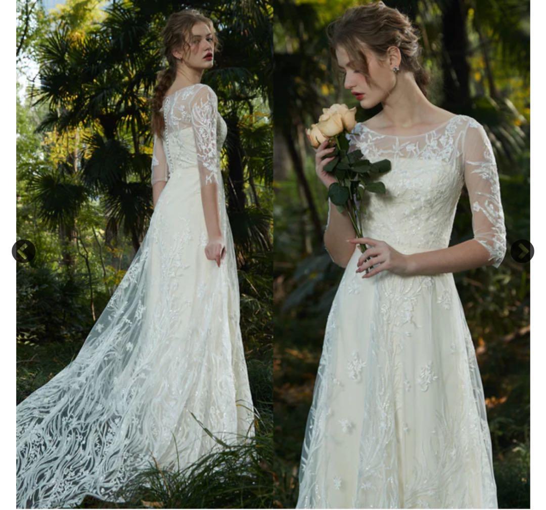 刺繍レース 七分袖 Aラインドレス