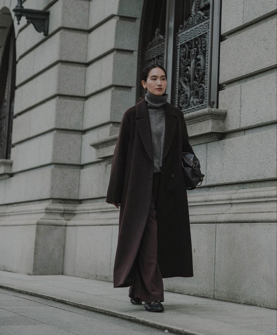 Crewre アジャスタブルウールロングコート ダークブラウン　サイズ1