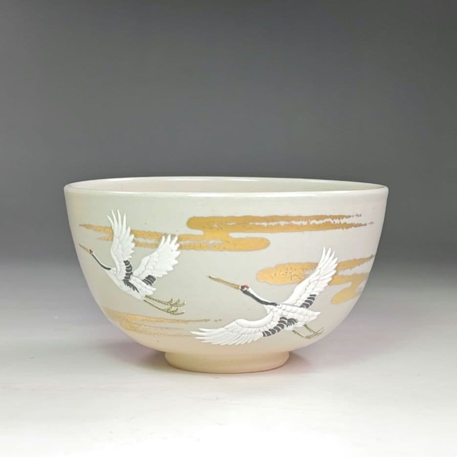 イ924 茶碗『桑名萬古焼　加賀瑞山造』『堀内宗完　極箱　飛鶴之図瑞雲自筆』茶道