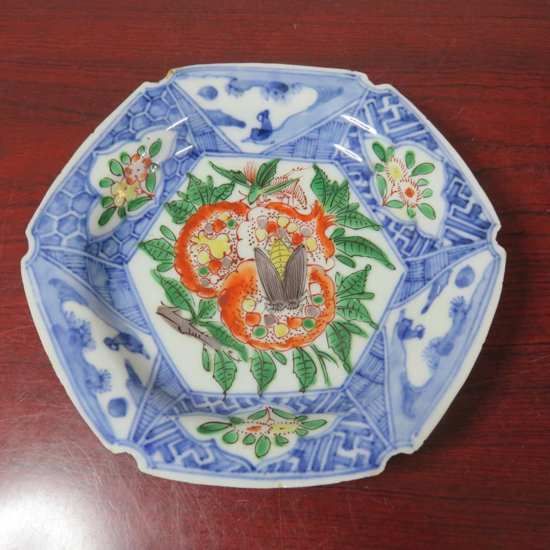 六角皿 色絵付 ザクロ セミ 染付 変形皿 明治 大正 窯傷 2枚