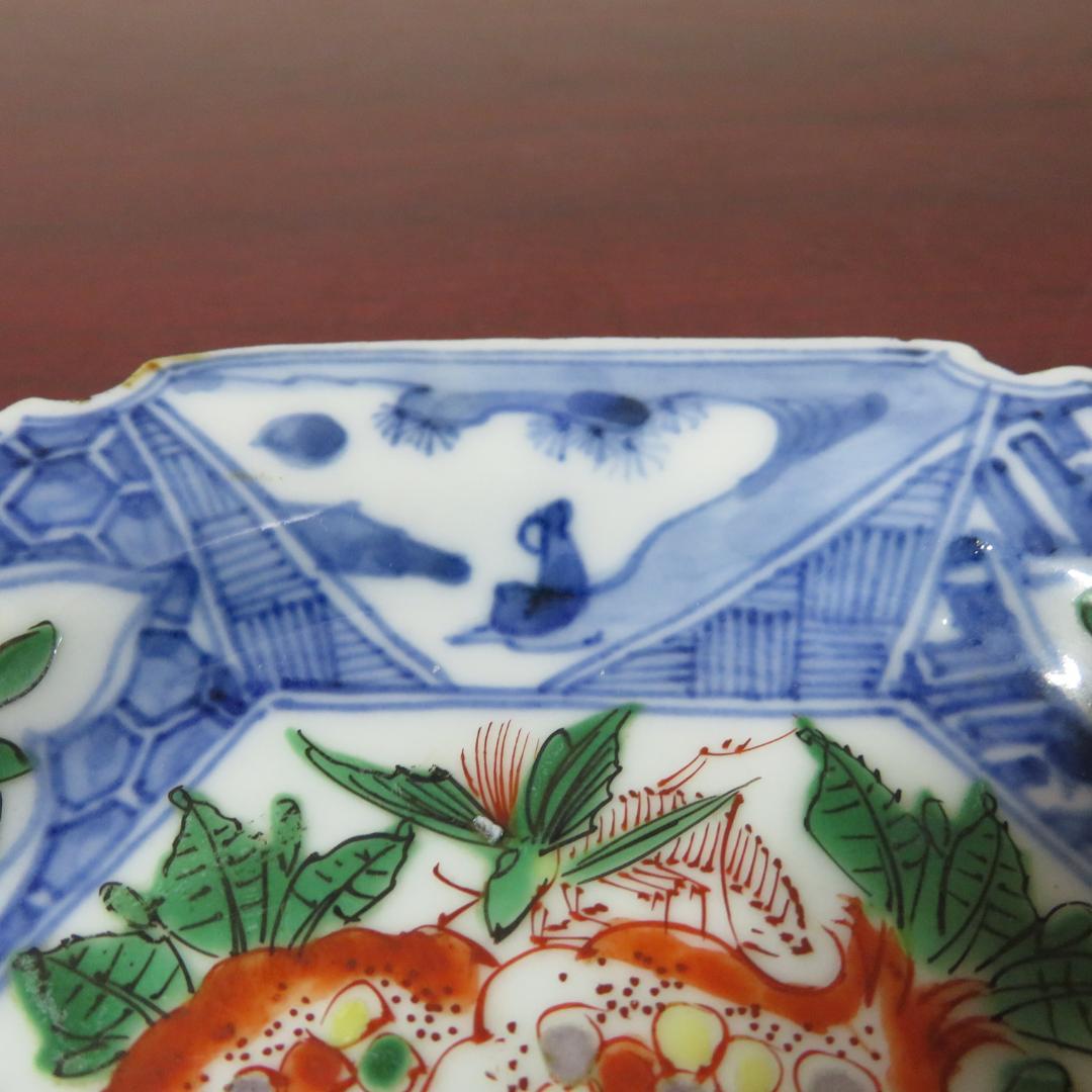 六角皿 色絵付 ザクロ セミ 染付 変形皿 明治 大正 窯傷 2枚