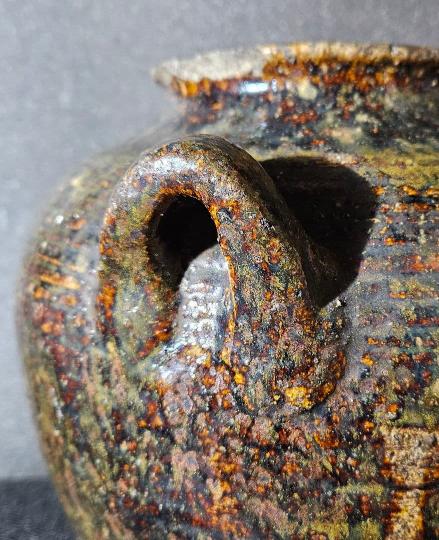 名壺❗】17世紀頃　東南アジア 古琉球系　窯変　双耳　大壺　酒会壺 【見事な窯変